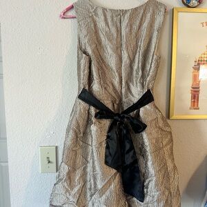 Pink Owl Gold Party Dress black ribbon waist Tie L - EUC